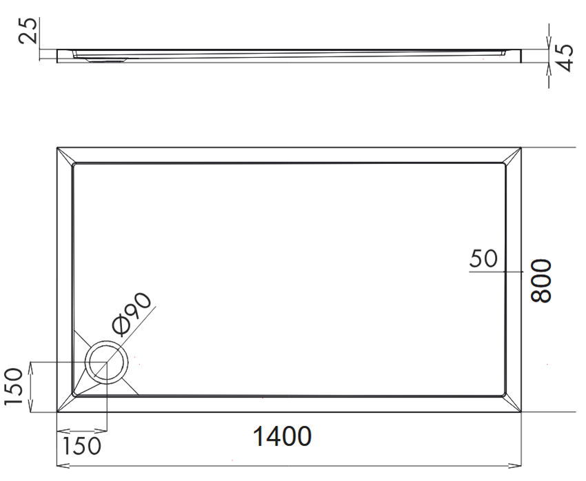 Brodzik prostokątny akrylowy 80x140x2,5/4,5 cm biały połysk Omnires Merton