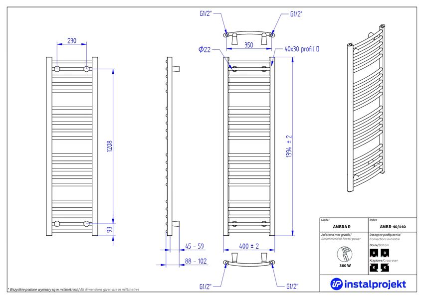 Grzejnik drabinkowy 40x140 cm biały/silk (C35) Instal-Projekt Ambra R rysunek