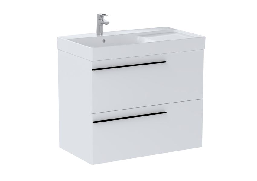 Zestaw łazienkowy Unik z 2 szufladami umywalka asymetryczna lewa 80 cm biały połysk Roca Ella