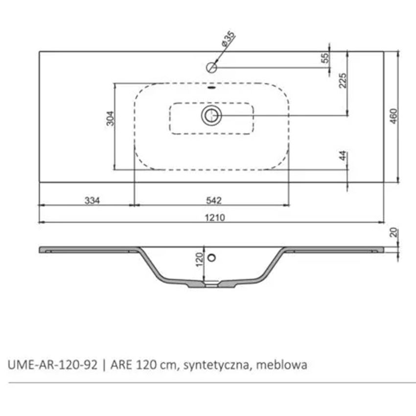 Umywalka meblowa, 120x46 cm, biała Oristo Are rysunek