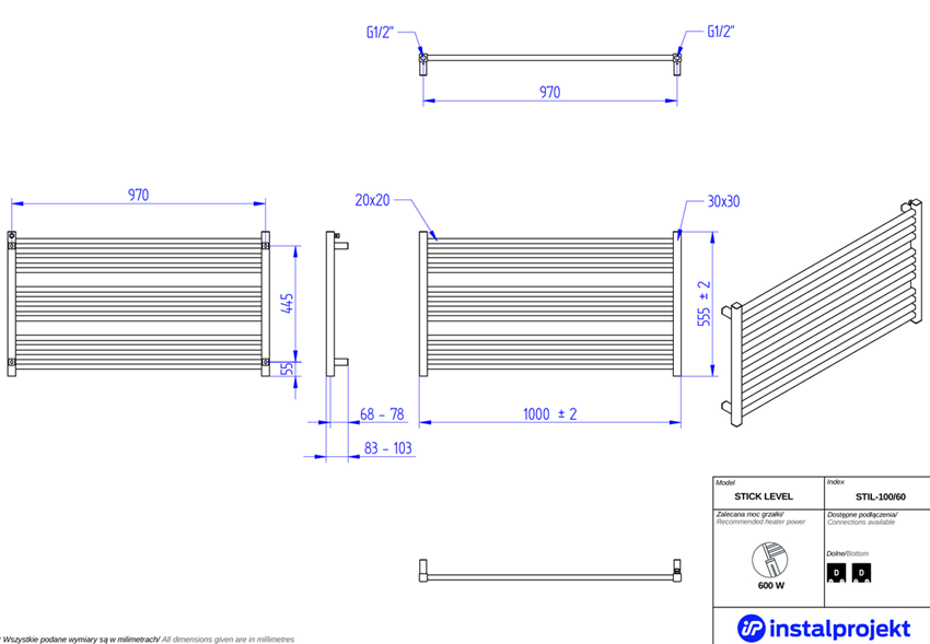 Grzejnik łazienkowy 100x60 cm Instal-Projekt Stick Level rysunek