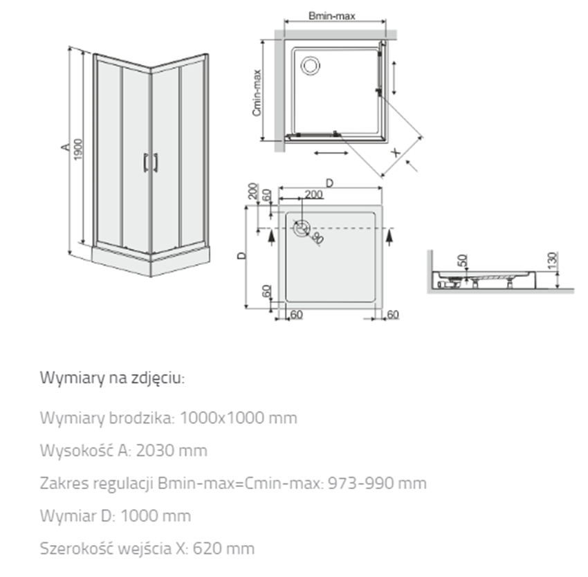 Kabina kwadratowa Sanplast TX 602-271-0240-38-231 rys techniczny