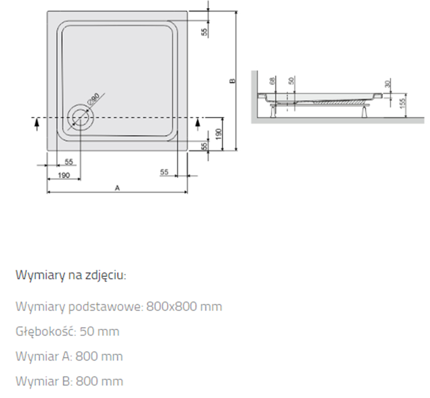 Brodzik Sanplast Free Line 615-040-1020-01-000 rys techniczny