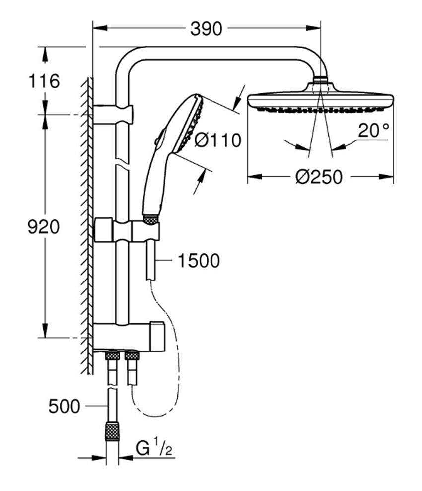 System prysznicowy Grohe Tempesta System 250 26675001 rys techniczny