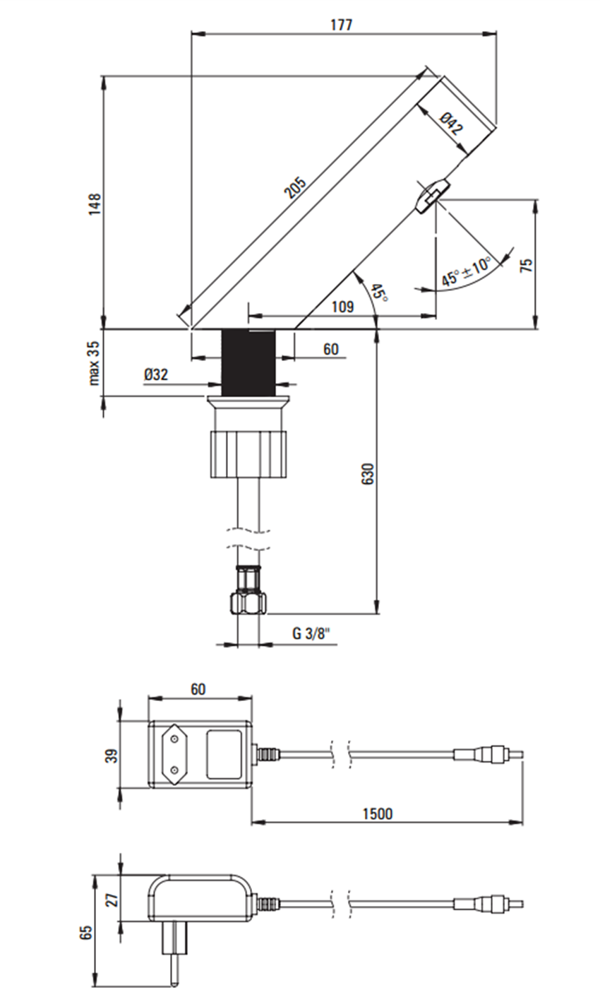 Bateria sensorowa Deante Sense BQR F28V rys techniczny