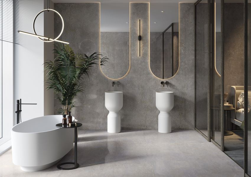 Szara łazienka w stylu glamour z ceramiką wolnostojącą