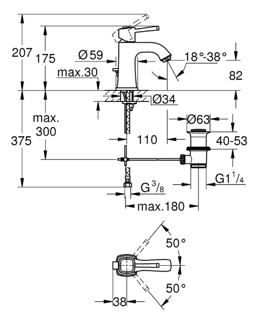 Bateria umywalkowa Grohe Grandera 24369000 rys techniczny