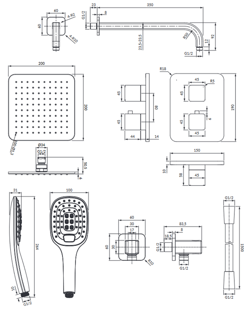 Termostatyczny system prysznicowy podtynkowy chrom/biały Omnires Parma rysunek