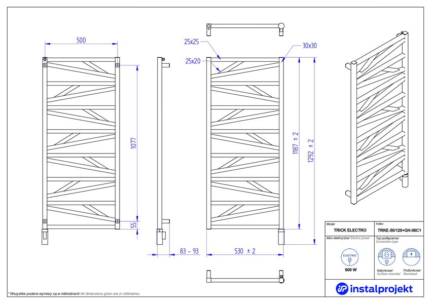 Grzejnik elektryczny 50x120 cm Instal-Projekt Trick Electro rysunek