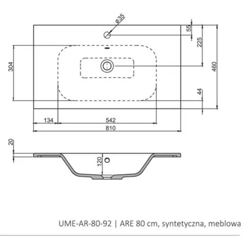 Umywalka meblowa syntetyczna 80x46 cm biała Oristo Are rysunek