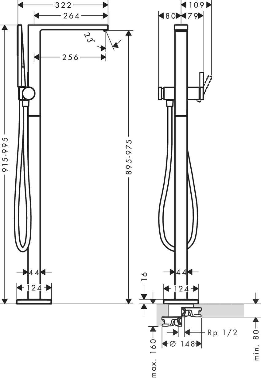 Jednouchwytowa bateria wannowa wolnostojąca Hansgrohe Tecturis E rysunek