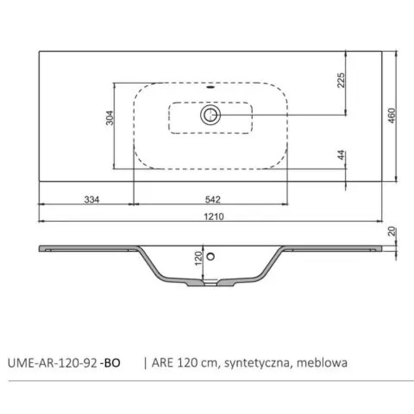 Umywalka meblowa bez otworu na baterię 120x46 cm biała Oristo Are rysunek