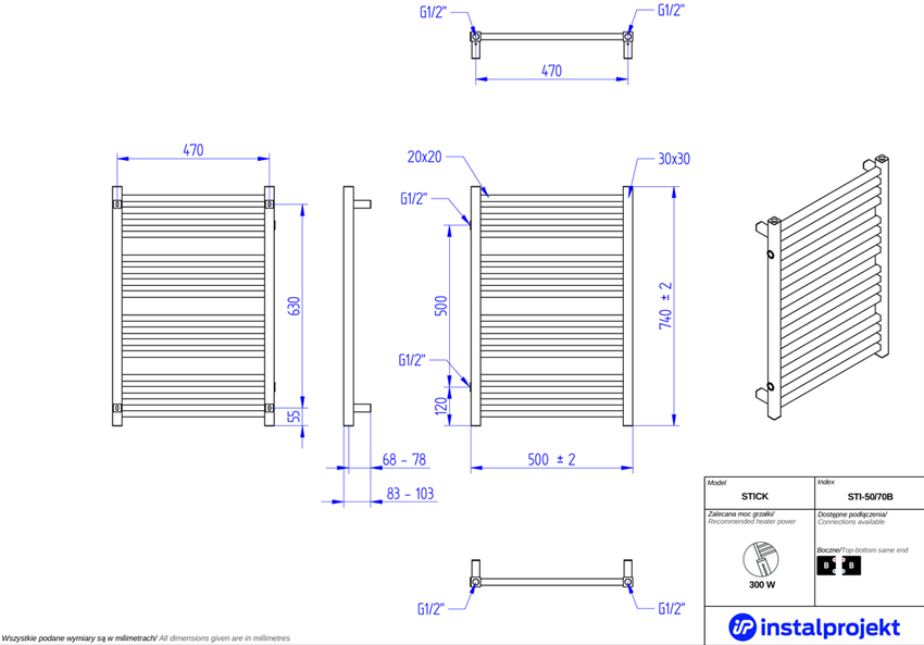 Grzejnik drabinkowy 50x70 cm Instal-Projekt Stick rysunek