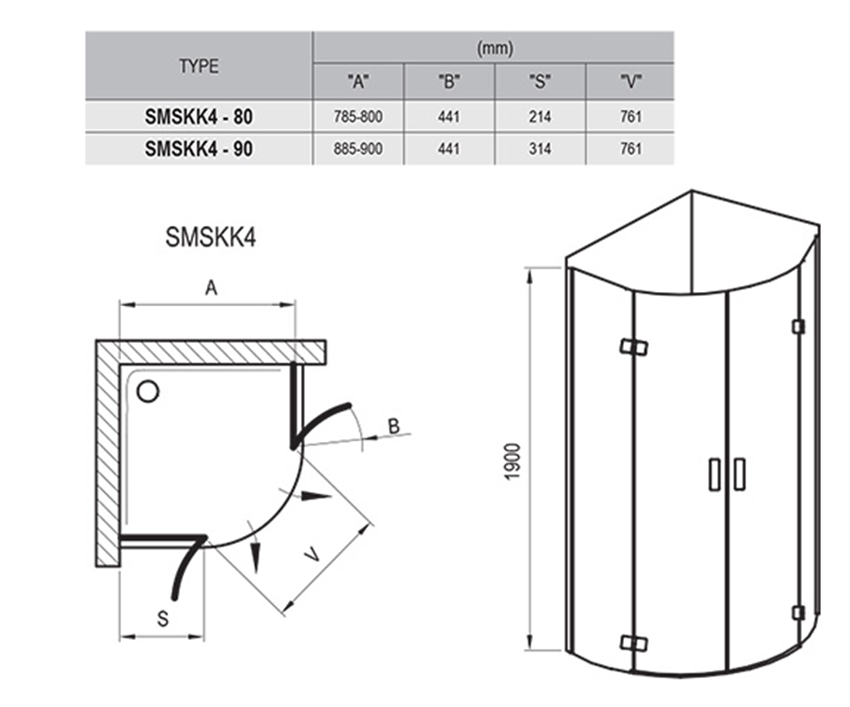 Kabina pryusznicowa Ravak SmartLine SMSKK4 3S277A00Y1 rys techncizny