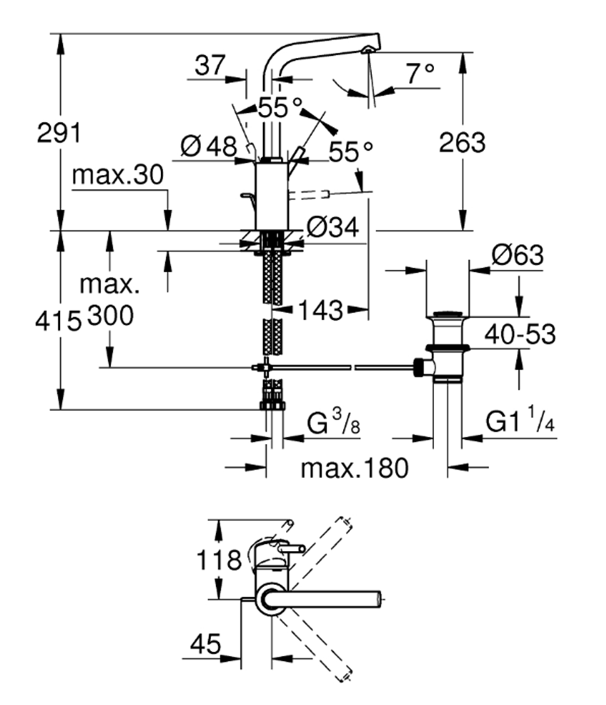 Bateria kuchenna Grohe Concetto 23739002 rys techniczny