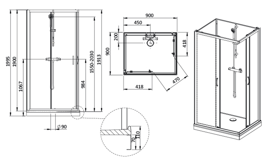 Kabina prysznicowa Sanplast Basic Complete Mineral 602-460-0031-01-4B0 rys techniczny