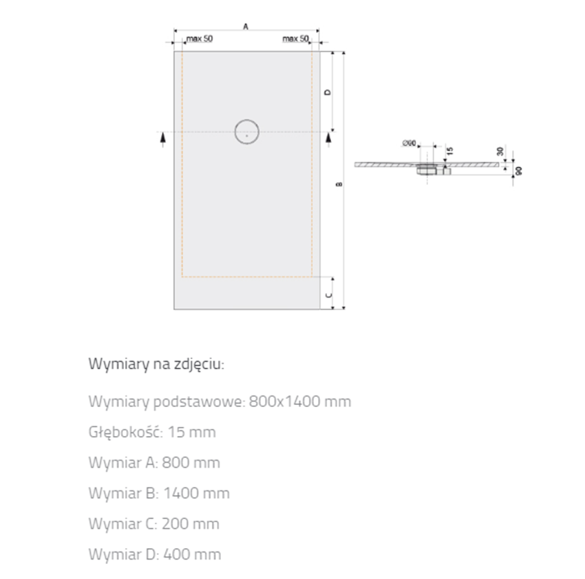 Brodzik prostokątny Sanplast Structure Mineral 645-360-0370-01-010 rys techniczny