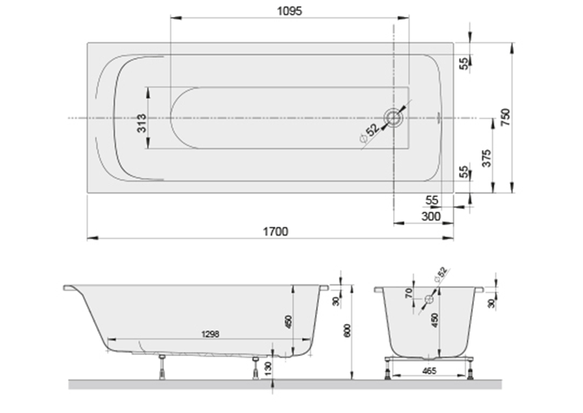Wanna prostokątna Sanplast Basic Line 610-450-0170-01-000 rys techniczny