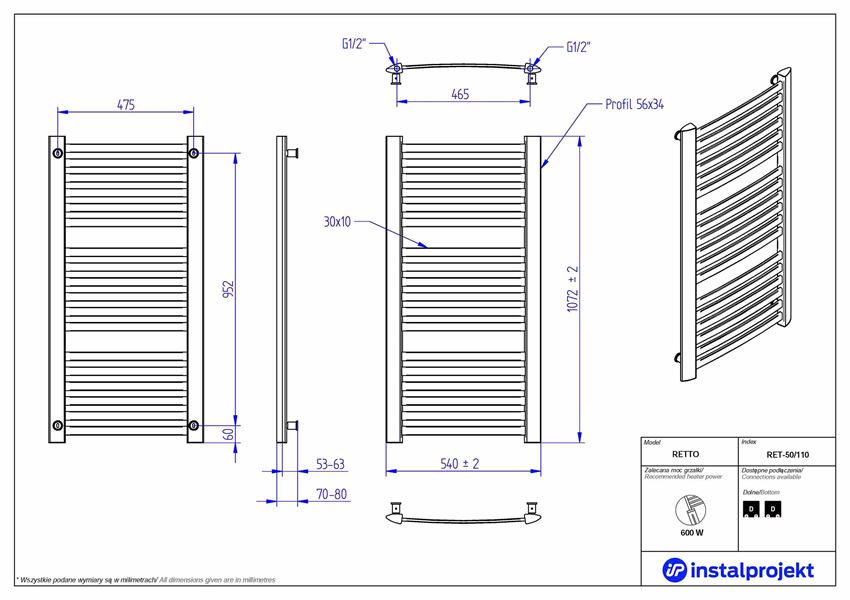 Grzejnik drabinkowy 50x110 cm Instal-Projekt Retto rysunek