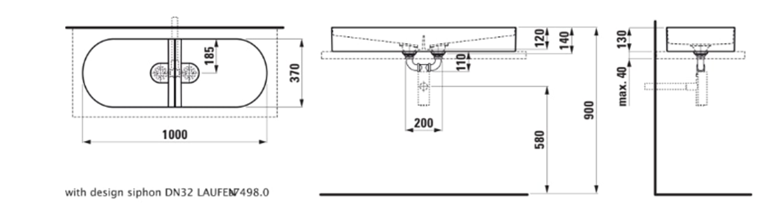 Umywalka nablatowa Laufen Sonar H8123480001121 rys techniczny