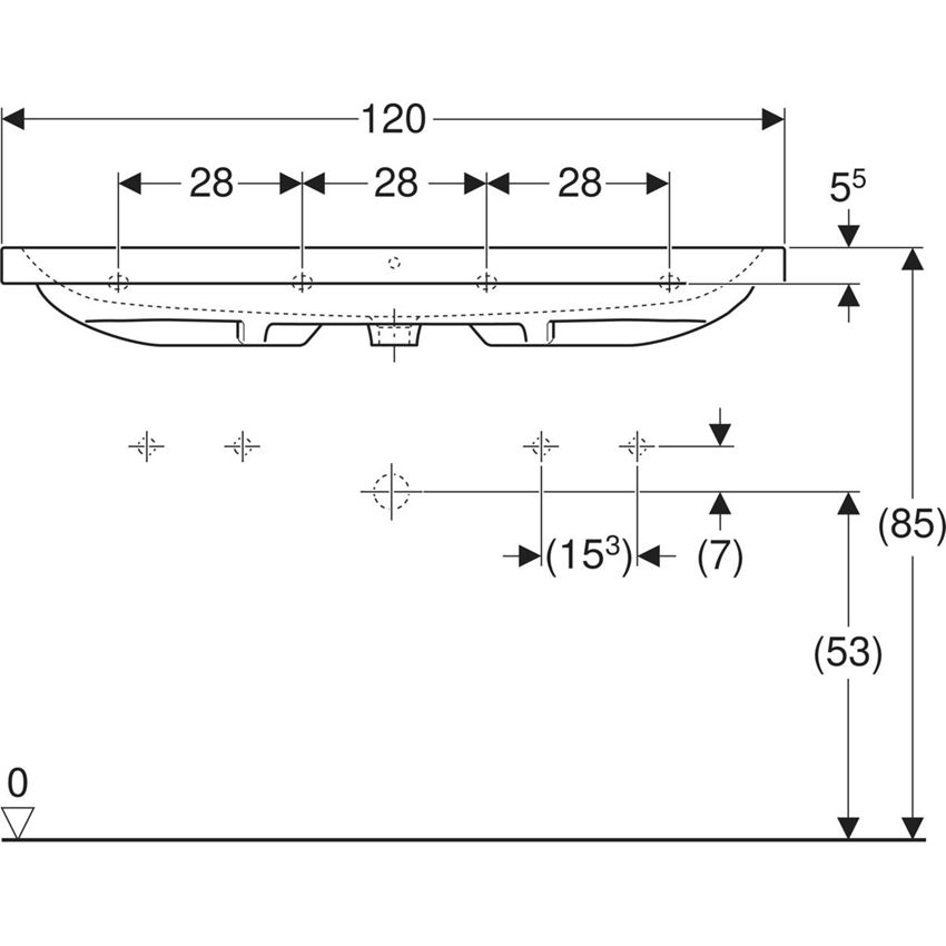 Umywalka ścienna z dwoma otworami na baterię z przelewem 120 cm Geberit iCon Light rysunek