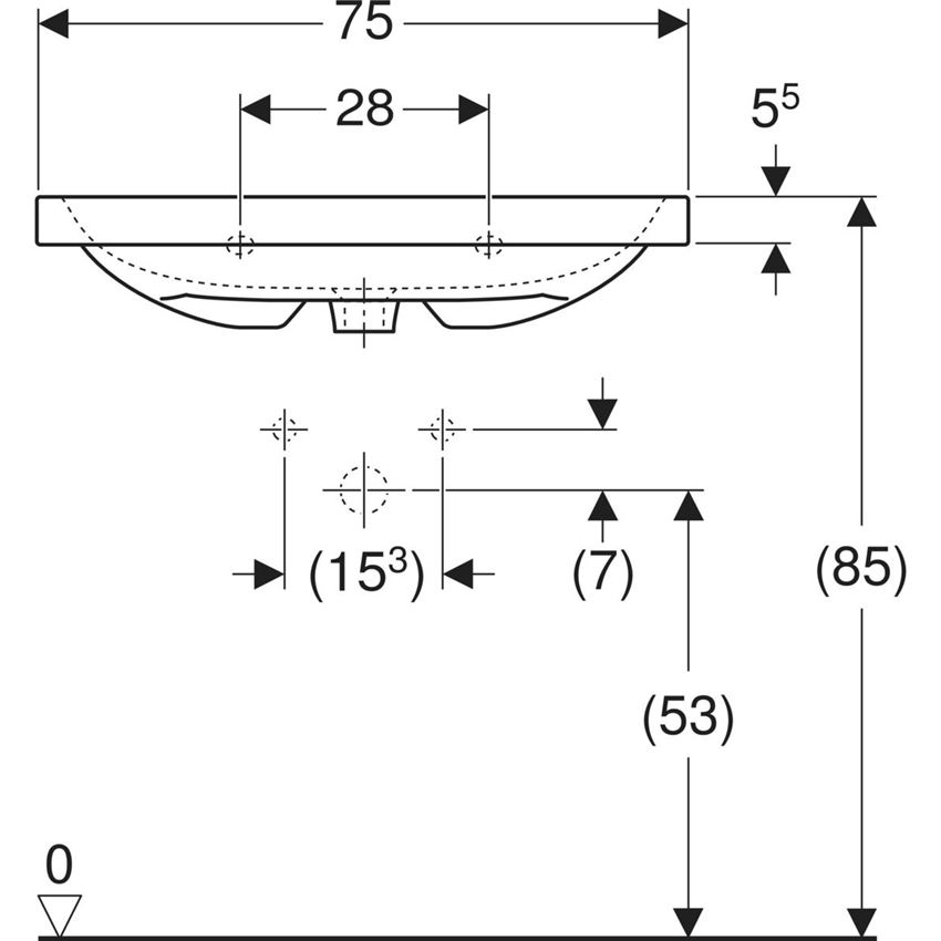 Umywalka krótka bez otworu na baterię bez przelewu 75 cm Geberit iCon Light rysunek