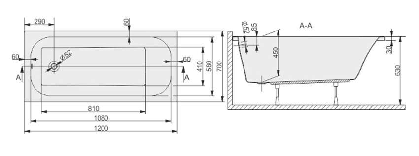 Wanna prostokątna Sanplast Free Line 610-040-0010-01-000 rys techniczna