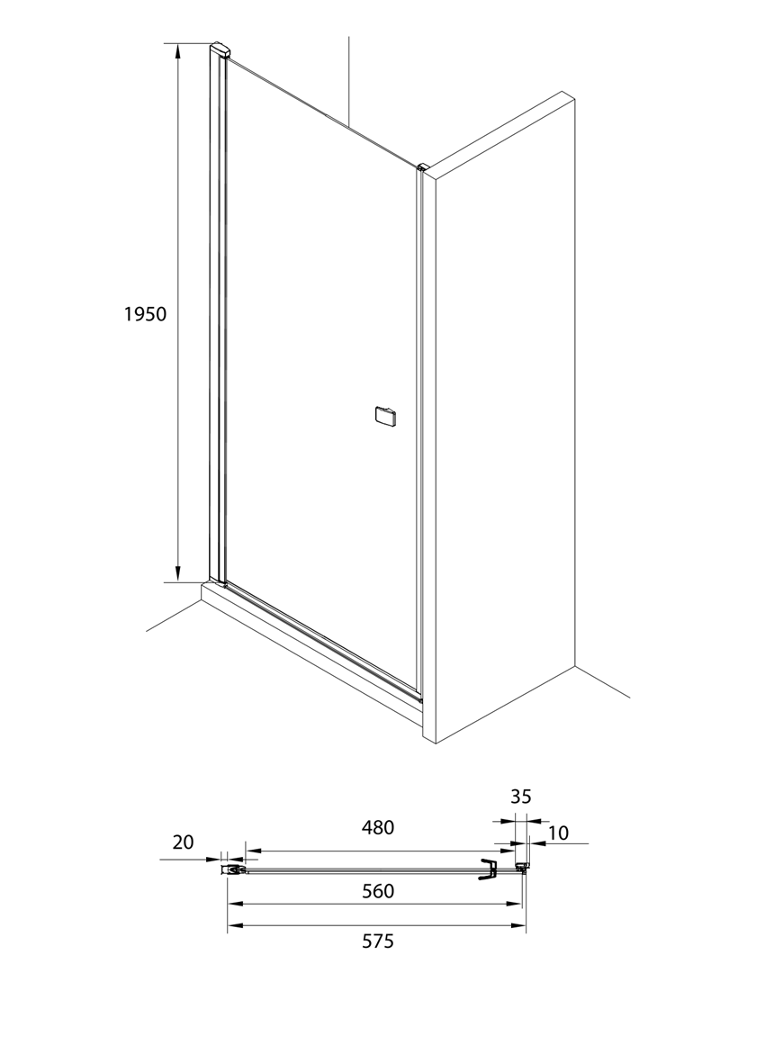 Drzwi do wnęki prysznicowej profile aluminiowe chromowane z powłoką MaxiClean 60x195 cm Roca Capital rysunek
