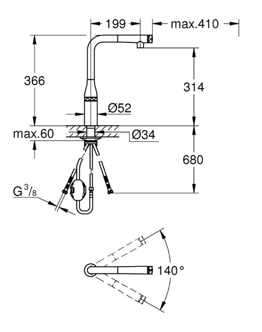 Bateria kuchenna Grohe Essence SmartControl 31615DC0 rys techniczny