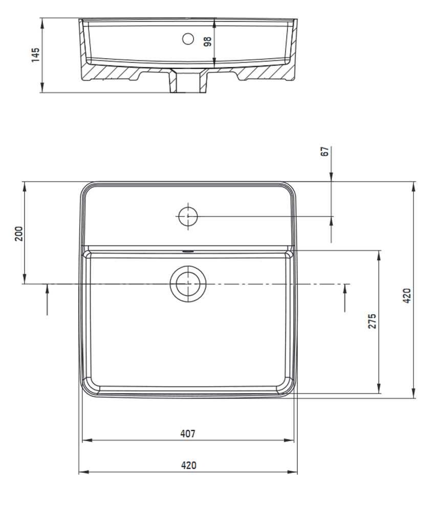 Umywalka ceramiczna nablatowa z miejscem na baterię 42 cm Deante Square rysunek