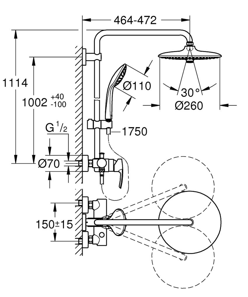 System prysznicowy z jednouchwytową baterią ścienną chrom Grohe Euphoria System rysunek