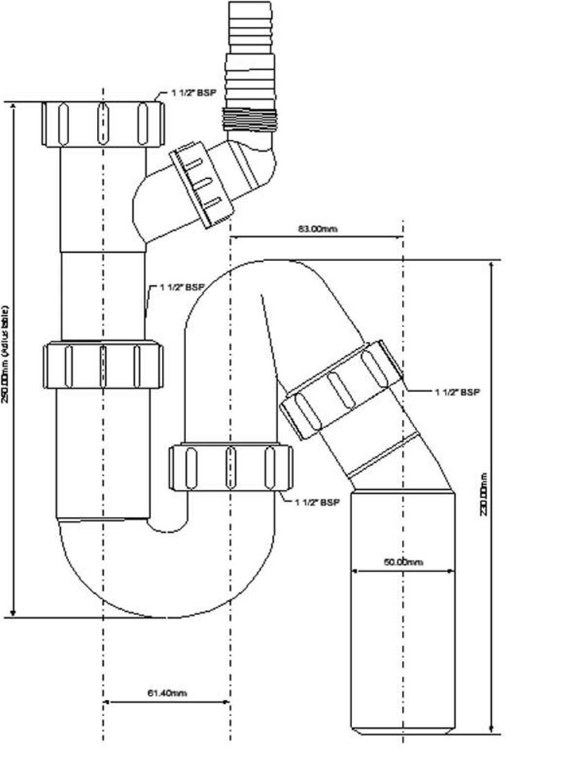Syfon zlewozmywakowy rurowy McAlpine rysunek techniczny