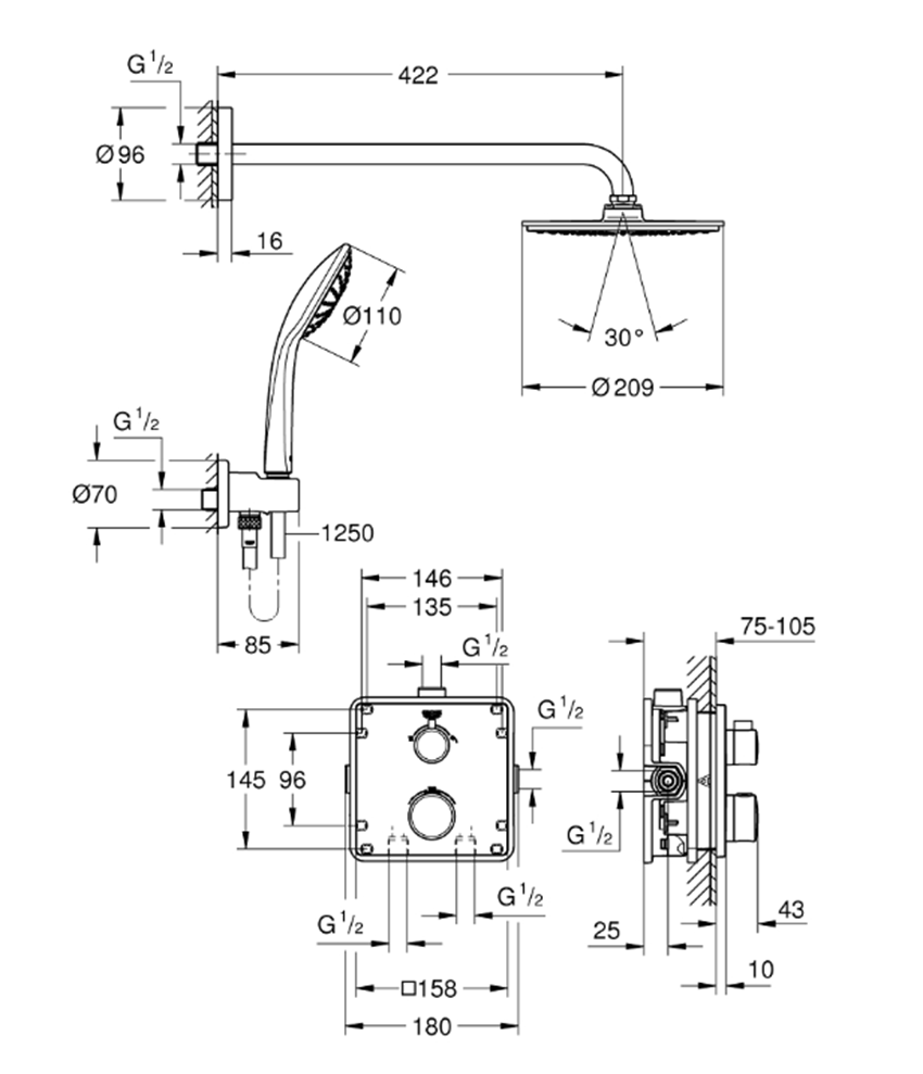 Zestaw prysznicowy Grohe Grohtherm 34734000 rys techniczny