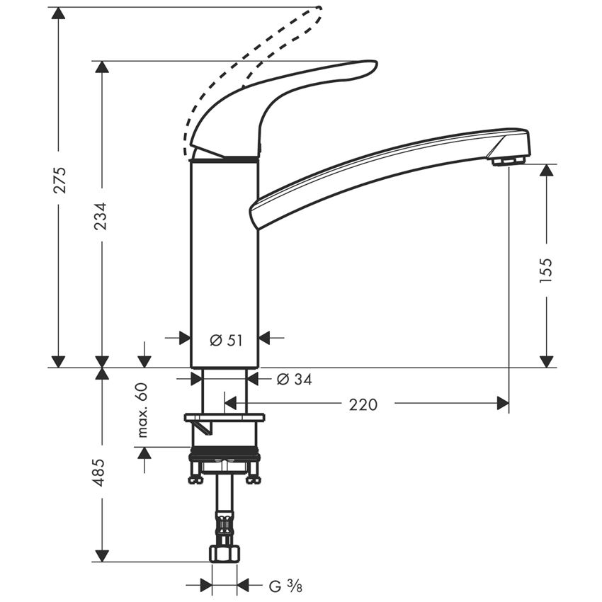 Jednouchwytowa bateria kuchenna E 160 1jet Hansgrohe Focus M41 rysunek techniczny