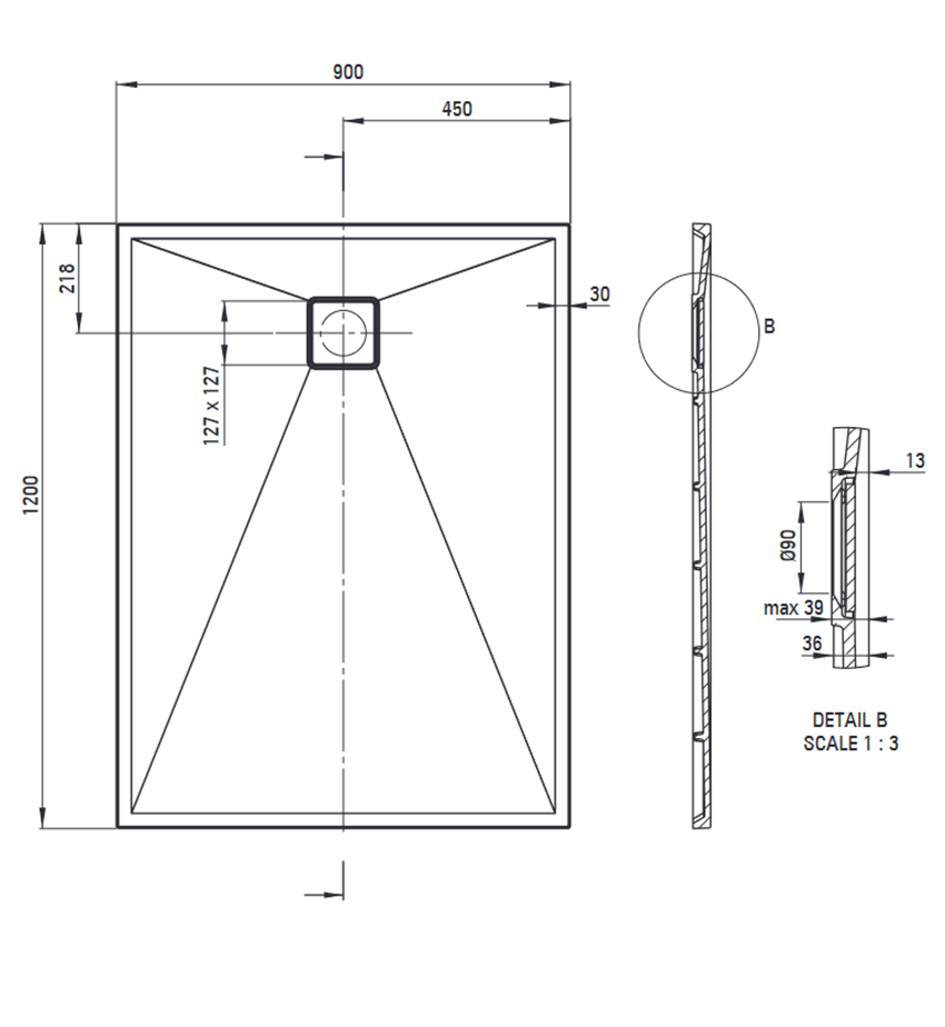 Brodzik prostokątny granitowy 120x90 cm Deante Correo rysunek