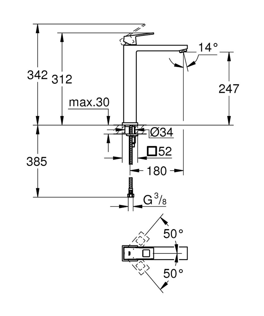 Bateria umywalkowa rozmiar XL 31,2 cm Grohe Eurocube rysunek techniczny