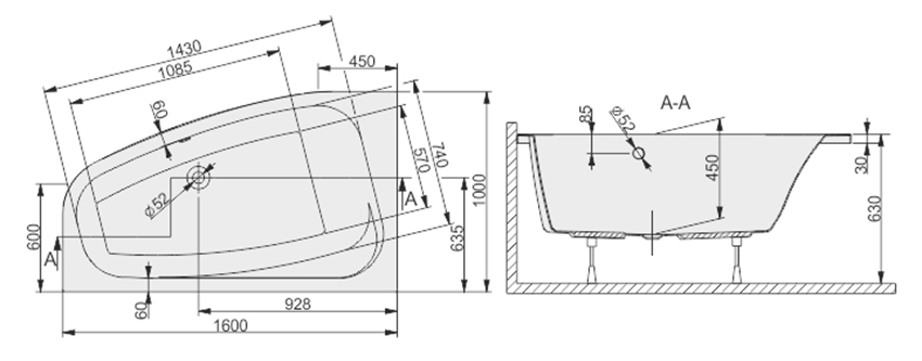 Wanna asymetryczna Sanplast Free Line 610-040-0880-01-000 rys techniczny