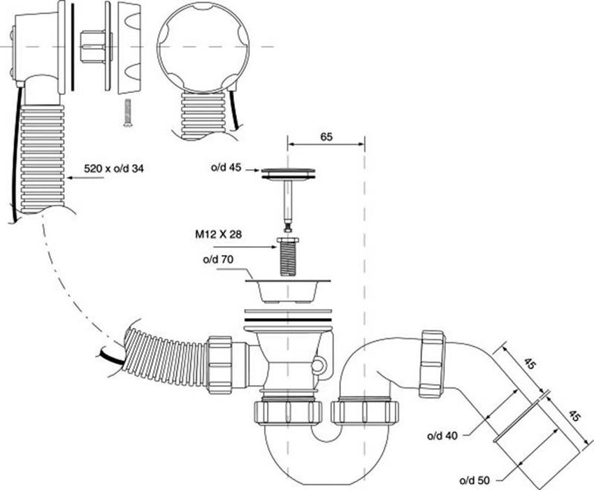 Zestaw odpływowo-przelewowy do wanny i głębokiego brodzika McAlpine rysunek techniczny