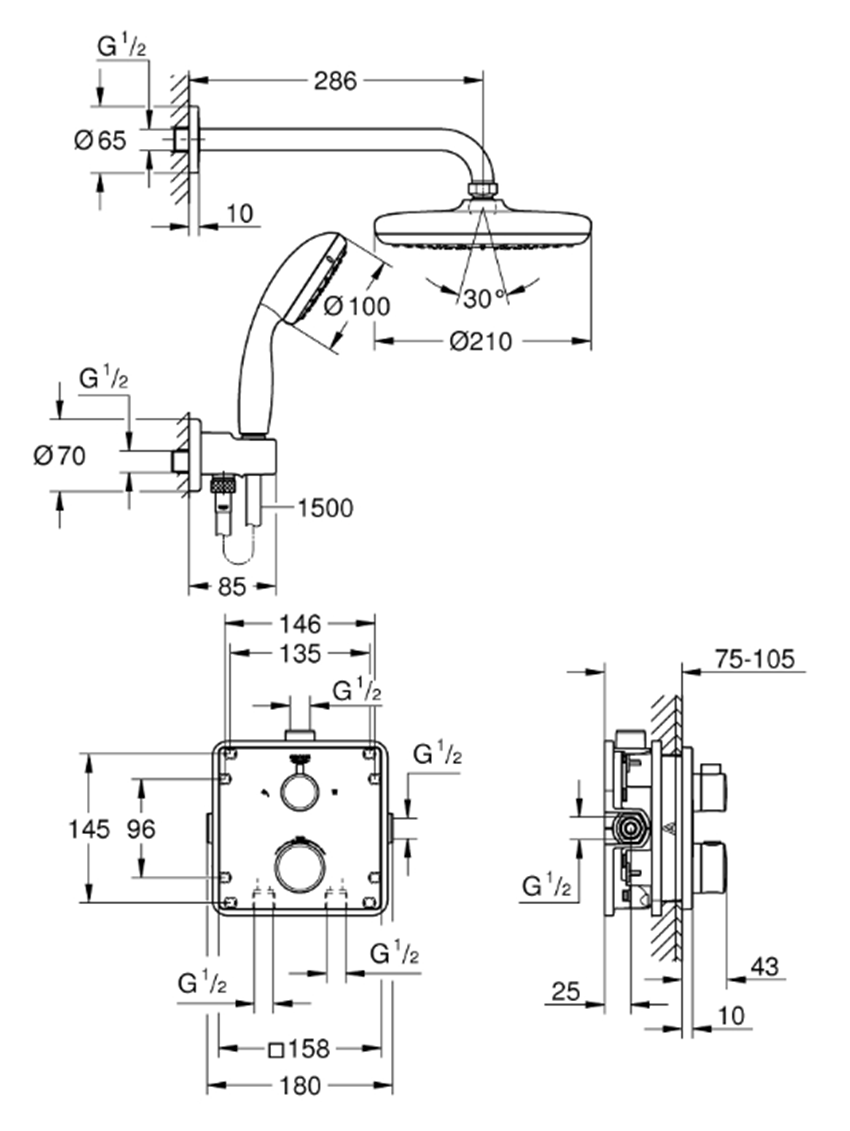 Zestaw prysznicowy Grohe Grohtherm Tempesta 210 34729000 rys techniczny