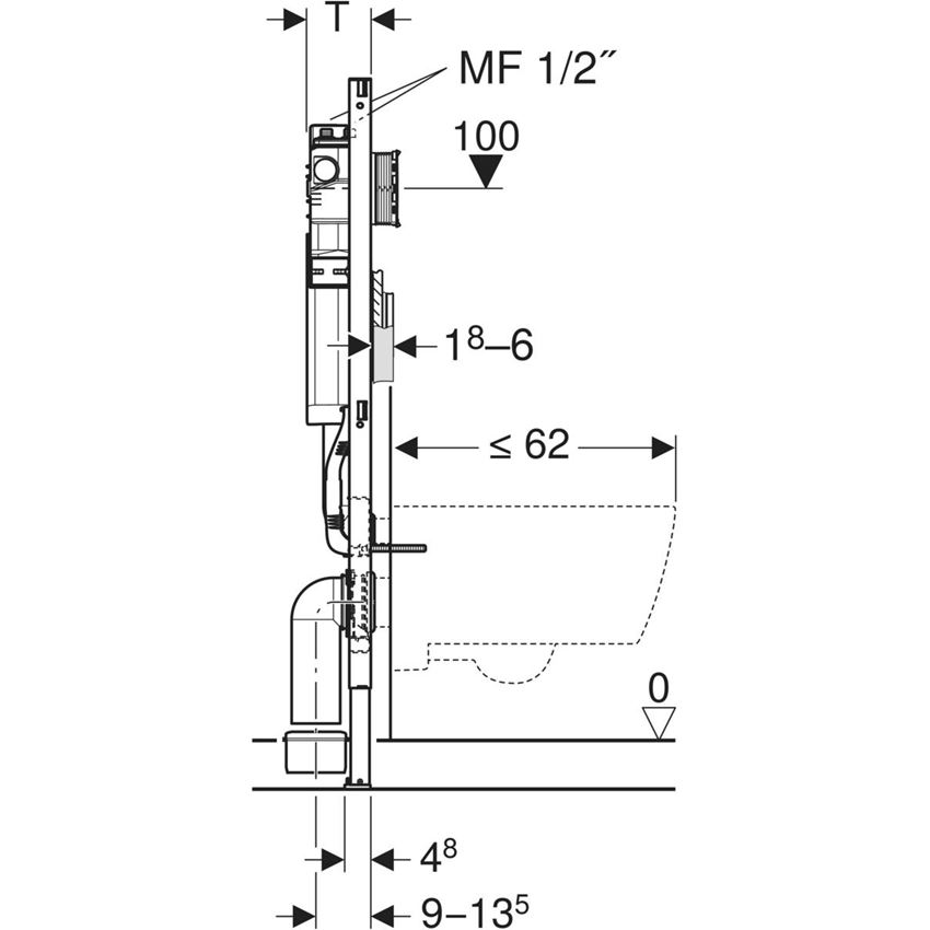 Element montażowy Geberit Duofix do wiszących misek WC ze spłukiwaniem higienicznym HS50 Geberit Duofix rysunek