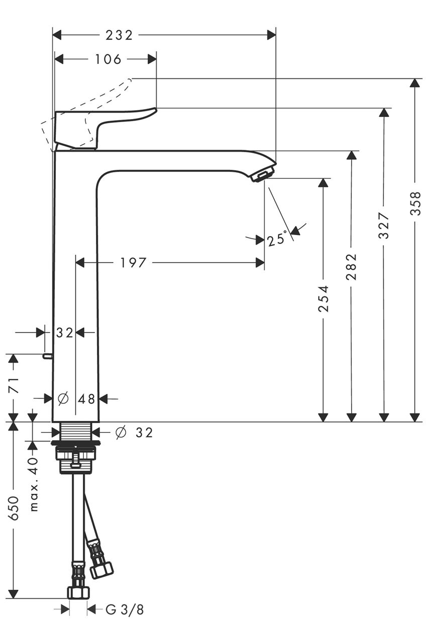 Jednouchwytowa bateria umywalkowa 260 z cięgłem Hansgrohe Metris rysunek techniczny