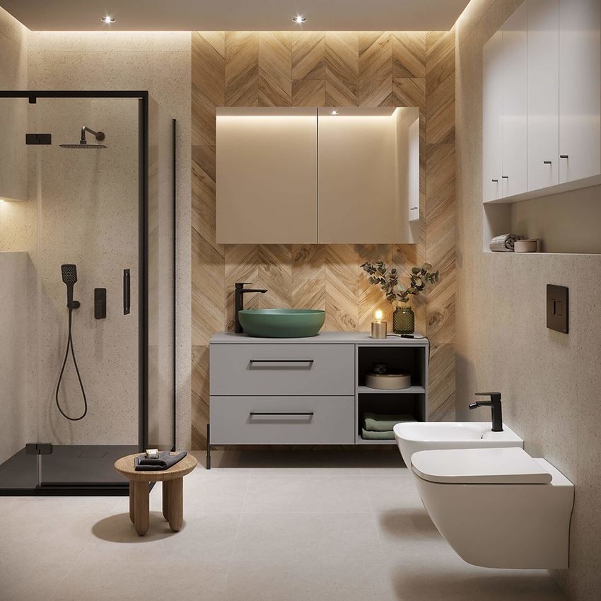Szaro-brązowa łazienka z jodełkową ścianą