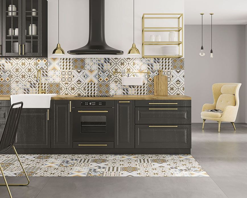 Nowoczesna kuchnia otwarta zdobiona płytkami z kolekcji Paradyż Diamante