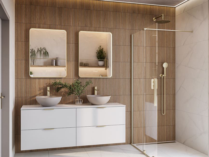 Lamelowe płytki w łazience z kabiną walk-in