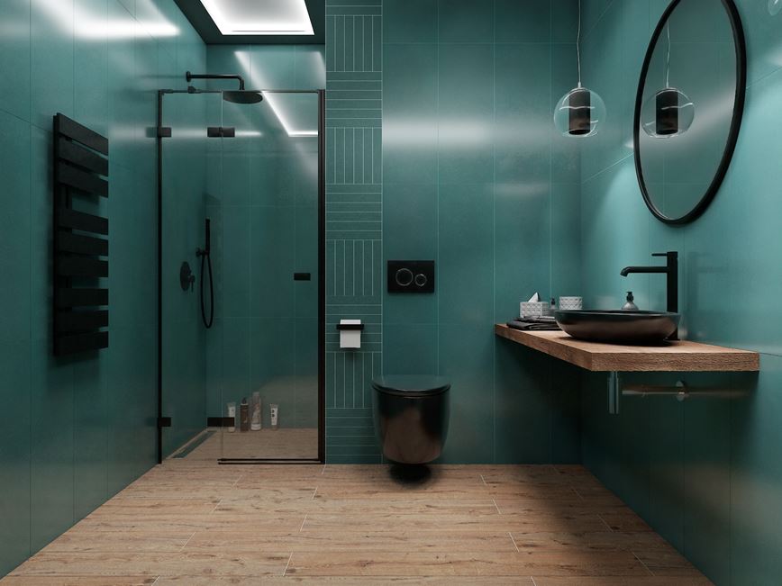 Nowoczesna łazienka w zieleni z podłogą w drewnie