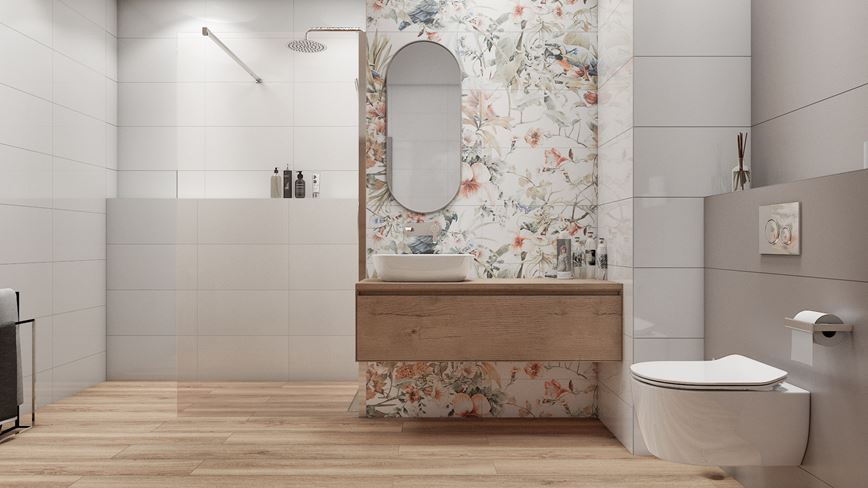 Jasna łazienka z dekoracyjną ścianą Tubądzin Modern Pearl
