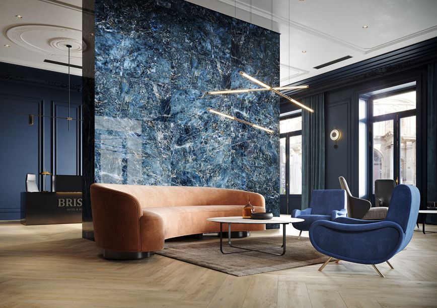 Lobby hotelowe w niebieskim kamieniu