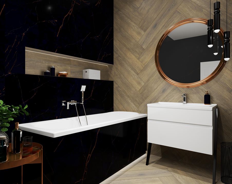 Eleganckie połączenie drewna i marmuru w łazience.jpg